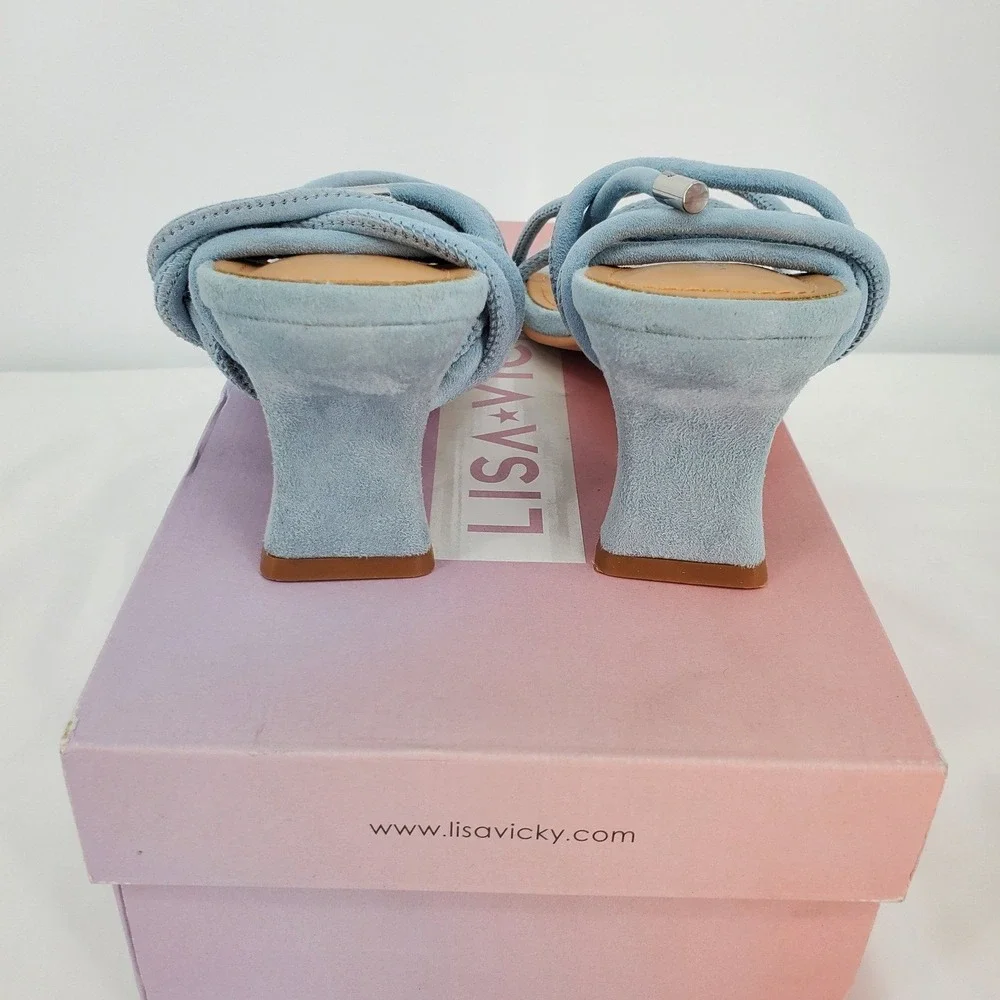 Lisa Vicky Womens 6.5M Zag Ankle Tie Sandal In Sky Blue Suede Heels Strappy New